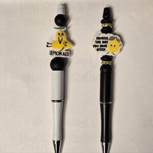 Hand Beaded Pen Set Of 2 Lemon Themes W/ Ink Refills